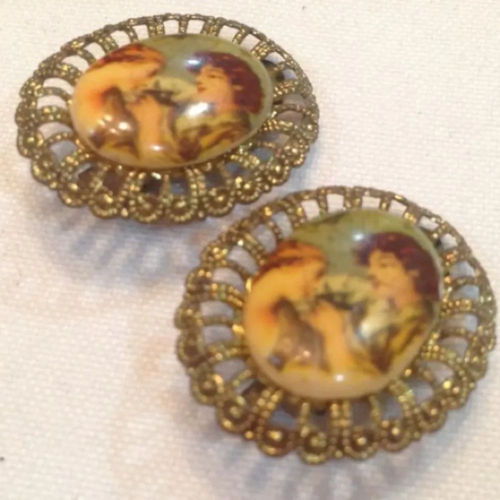 Vintage Victorian Fragonard Courting Scene Earrings